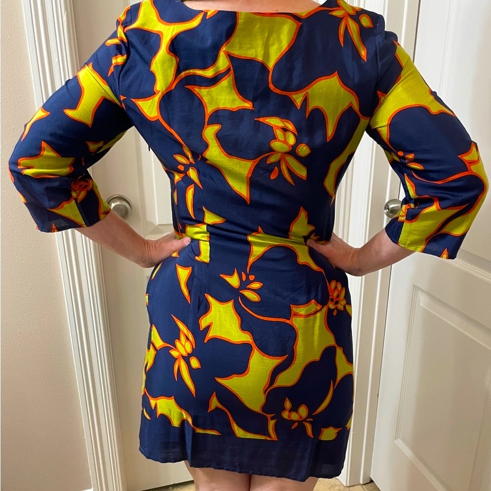 LOFT Blue and Yellow Sheath Dress with Cuffed 3/4 Sleeves - Picture 2 of 3